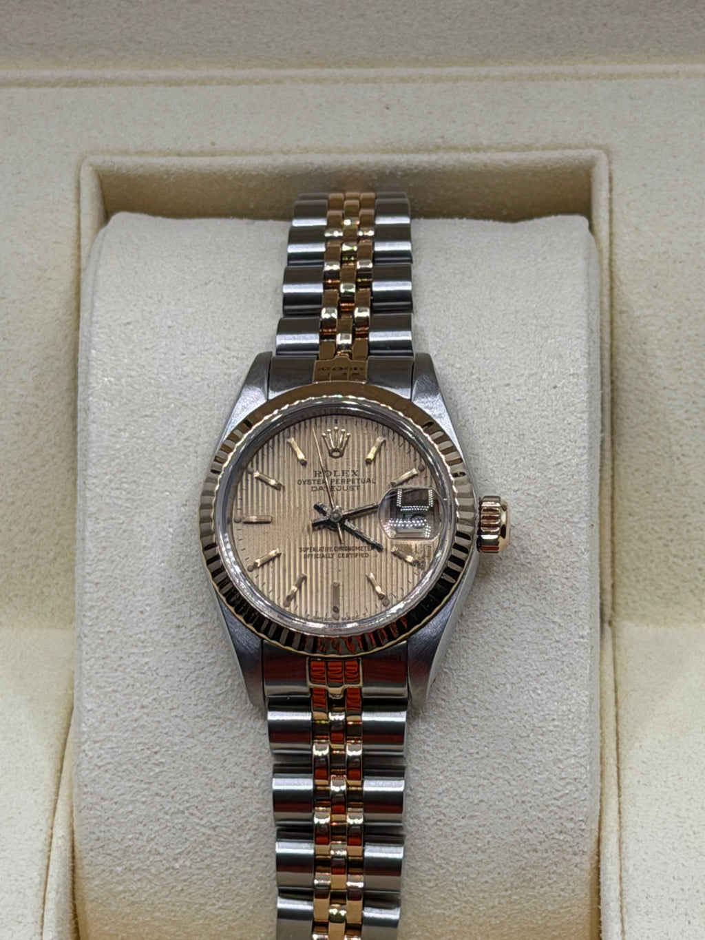1990 Rolex Lady-Datejust 26MM Champagne Linen Dial Two-Tone Jubilee Bracelet 69173