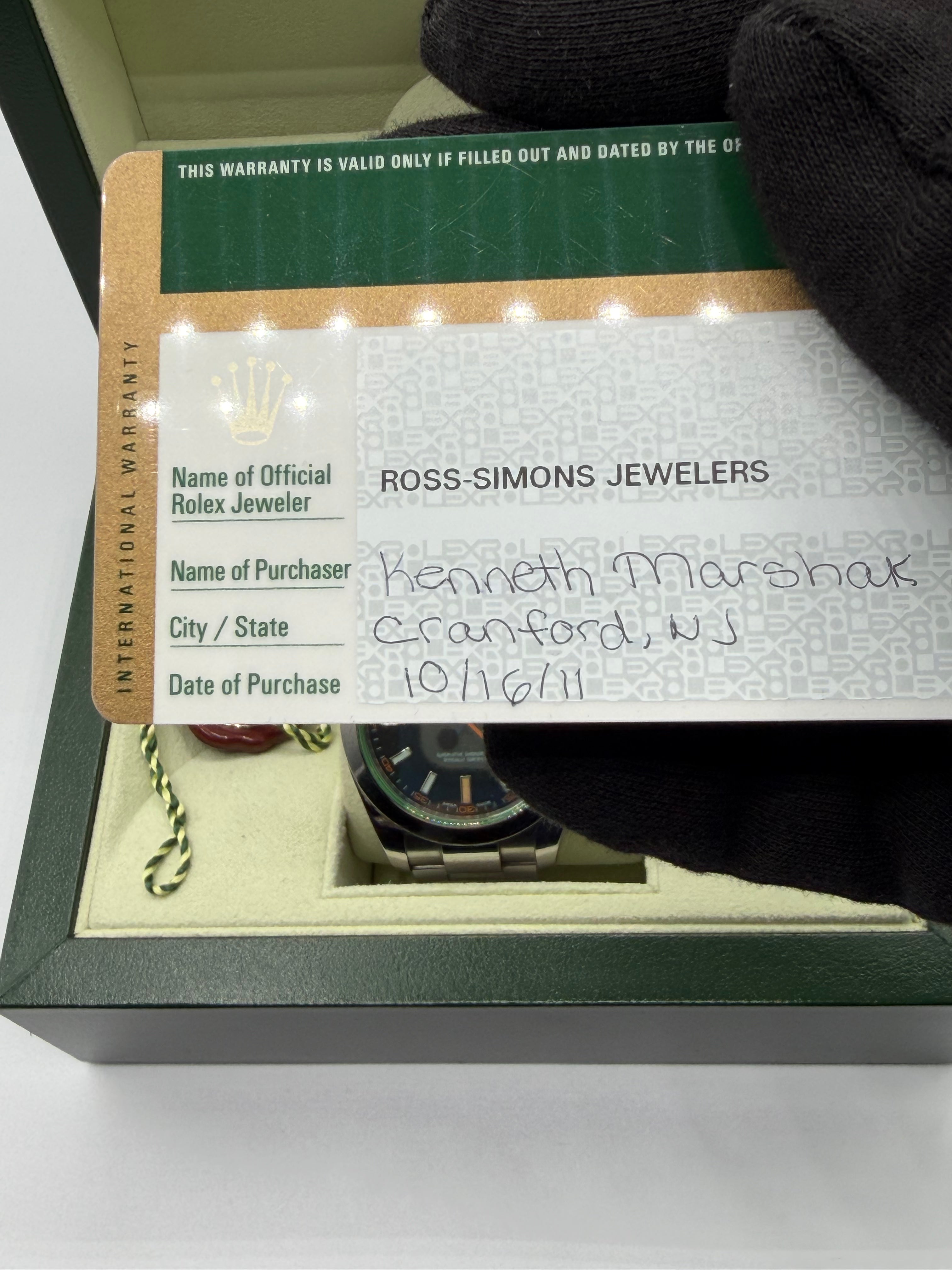 2011 Rolex Milgauss 40MM Black Dial Stainless Steel Oyster Bracelet – Reference 116400 – Complete Full Set