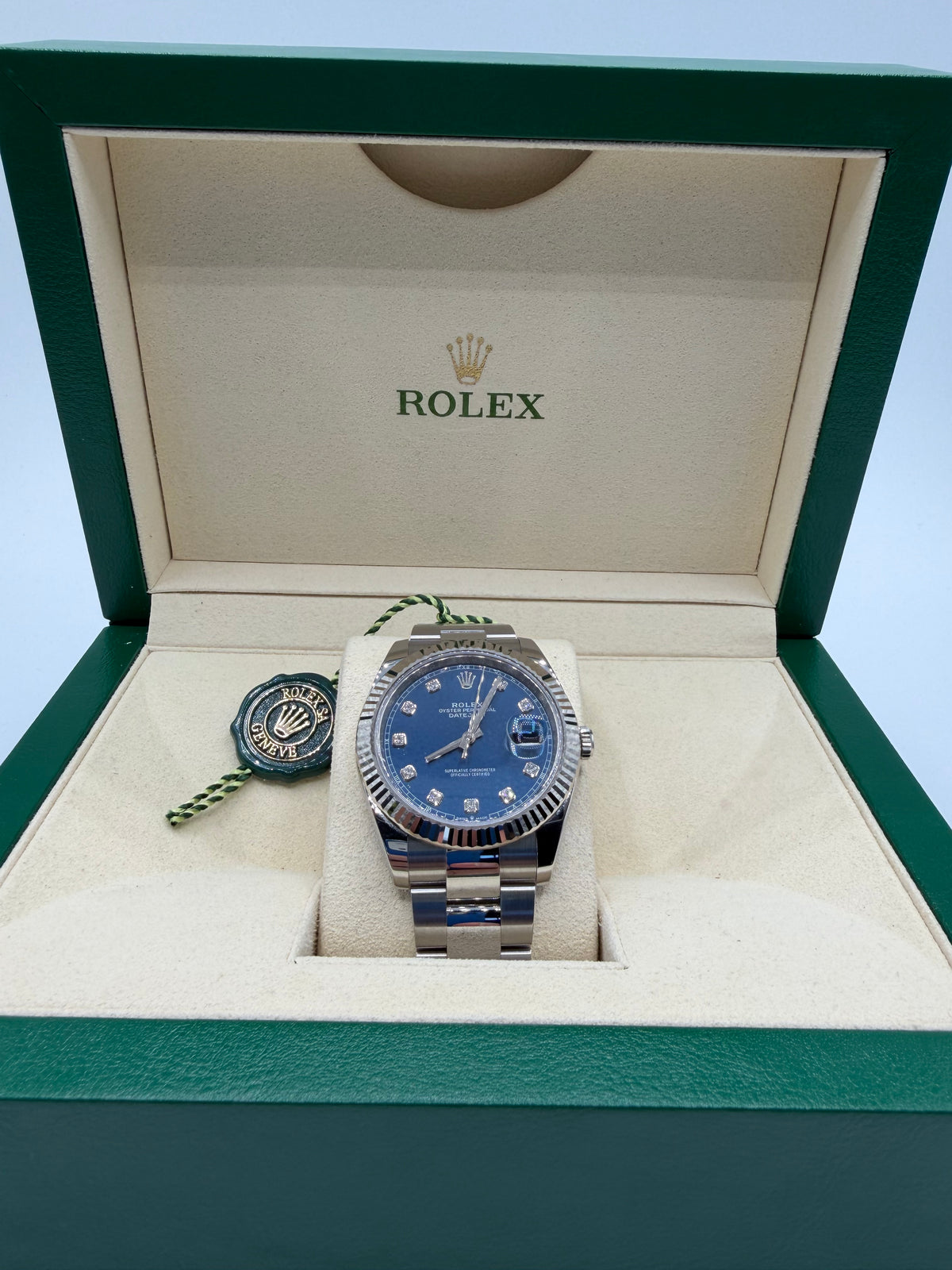 Rolex Datejust 41 Blue Diamond Dial Fluted Bezel Oyster – Ref. 126334-0015 – Box & Hangtag