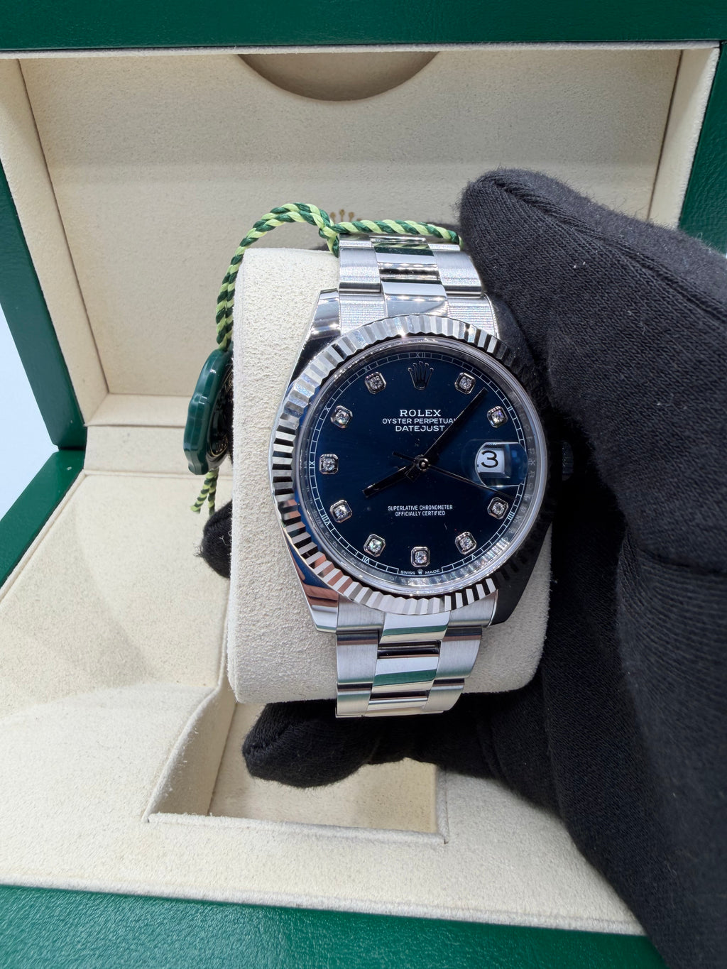 Rolex Datejust 41 Blue Diamond Dial Fluted Bezel Oyster – Ref. 126334-0015 – Box & Hangtag