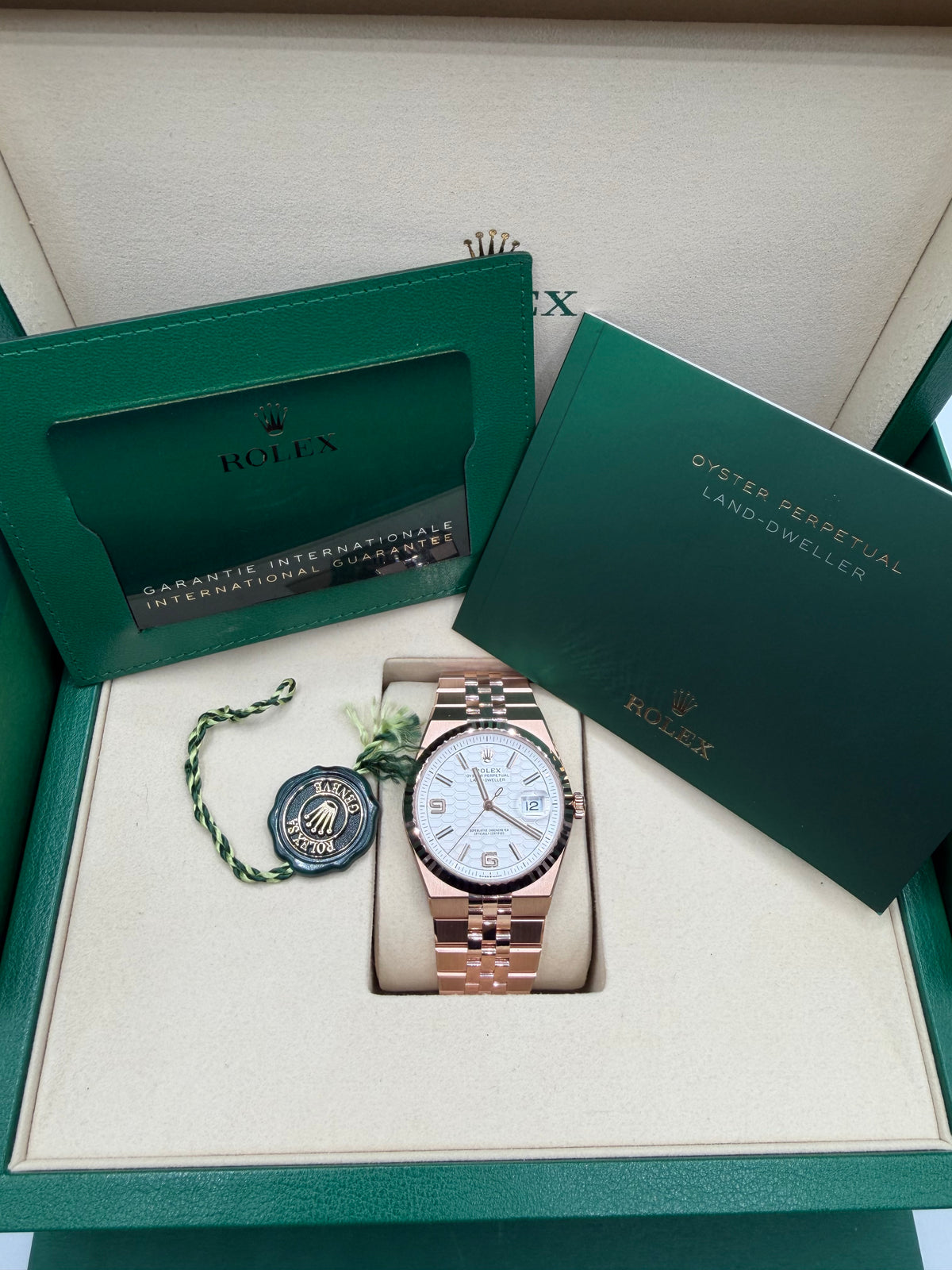 Rolex Land-Dweller 40 Everose Gold / Fluted / White Honeycomb Motif / Arabic / Flat Jubilee