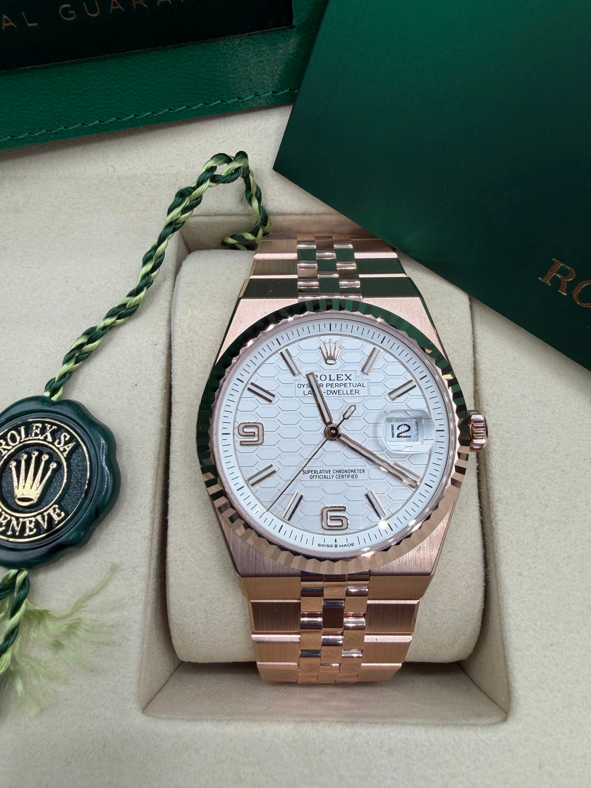 Rolex Land-Dweller 40 Everose Gold / Fluted / White Honeycomb Motif / Arabic / Flat Jubilee